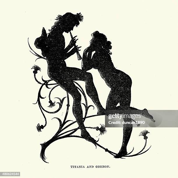 midsummer night's dream - silhouette of titania and oberon - william shakespeare stock illustrations