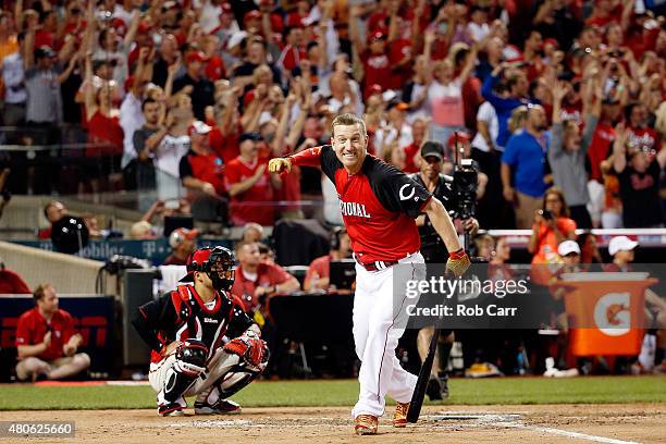 National League All-Star Todd Frazier of the Cincinnati Reds reacts during the Gillette Home Run Derby presented by Head & Shoulders at the Great...