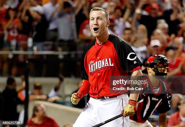 National League All-Star Todd Frazier of the Cincinnati Reds reacts during the Gillette Home Run Derby presented by Head & Shoulders at the Great...