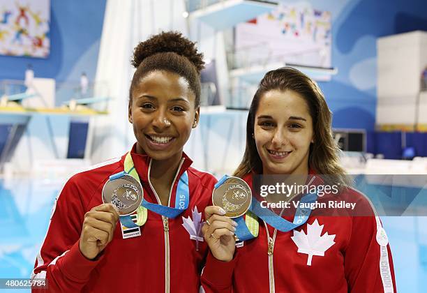 Jennifer Abel and Pamela Ware of Canada win Silver in the Women's 3m Synchro Final during the Toronto 2015 Pan Am Games at the CIBC Aquatic Centre on...