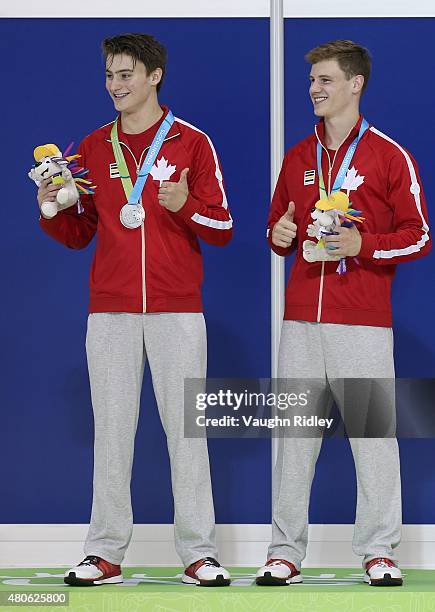 Philippe Gagne and Vincent Riendeau of Canada win Silver in the Men's 10m Synchro Final during the Toronto 2015 Pan Am Games at the CIBC Aquatic...