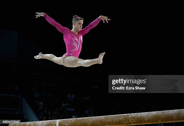 Madison Desch competes on the balance beam during the women's all around artistic gymnastics final on Day 3 of the Toronto 2015 Pan Am Games on July...