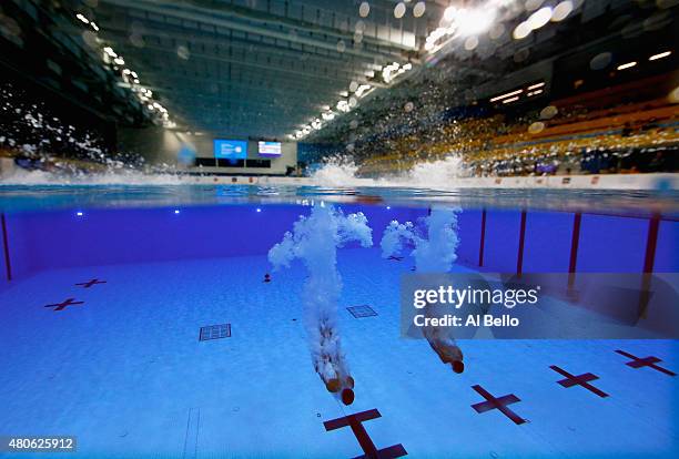 Ivan Garcia and Jose Ruvalcaba of Mexico dive during the Men's Synchronised 10m Platform Final at the Pan Am Games on July 13, 2015 in Toronto,...
