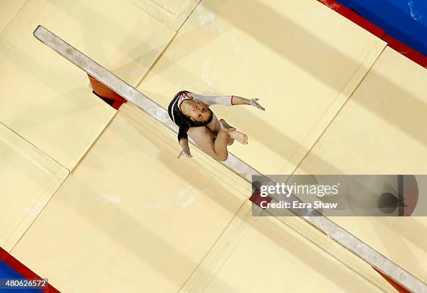 Ariana Orrego Martinez of Peru competes on the balance beam during the women's all around artistic gymnastics final on Day 3 of the Toronto 2015 Pan...