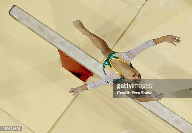 Flavia Lopes Saraiva of Brazil competes on the balance beam during the women's all around artistic gymnastics final on Day 3 of the Toronto 2015 Pan...