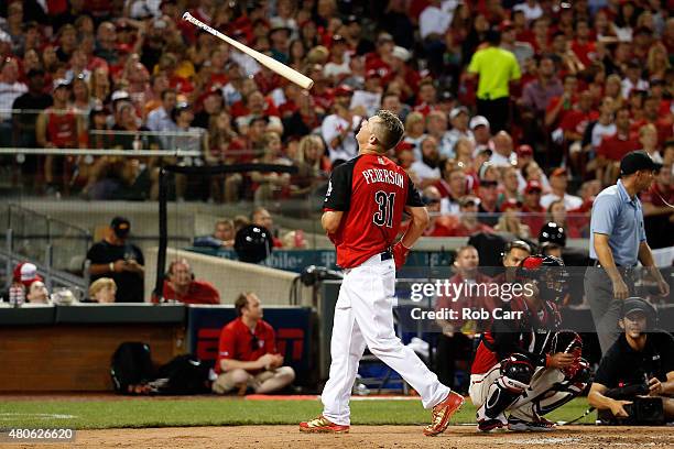 National League All-Star Joc Pederson Los Angeles Dodgers throws his bat during the Gillette Home Run Derby presented by Head & Shoulders at the...