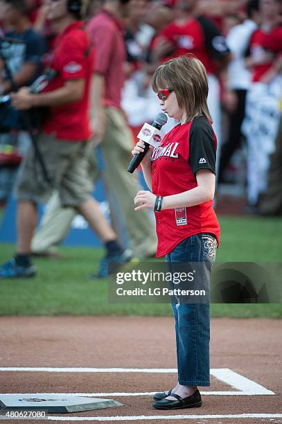 Marlana Vanhoose sings the National Anthem before the Gillette Home Run Derby presented by Head & Shoulders at Great American Ball Park in Cincinnati...