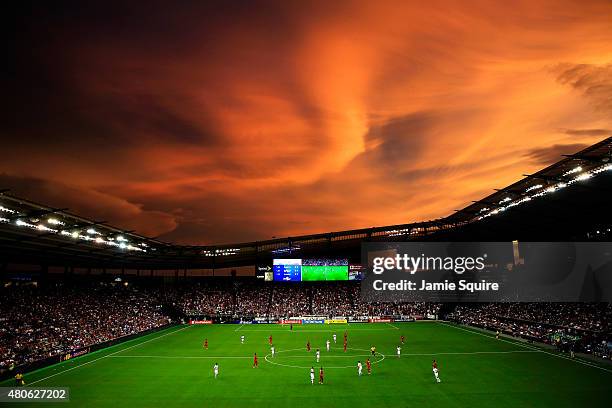 General view as the sun sets over Sporting Park during the CONCACAF Gold Cup match between Panama and the United States at Sporting Park on July 13,...