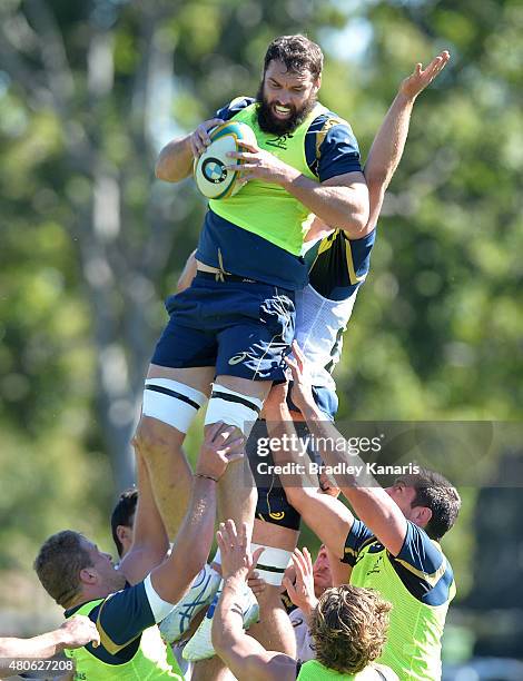 Scott Fardy competes at the lineout during an Australian Wallabies training session at Ballymore Stadium on July 14, 2015 in Brisbane, Australia.