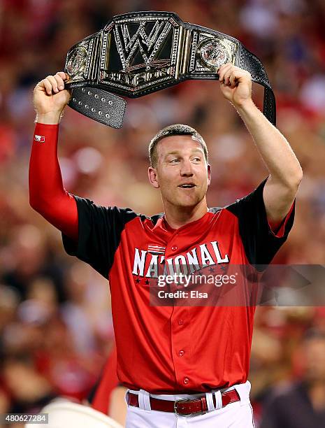 National League All-Star Todd Frazier of the Cincinnati Reds celebrates winning the Gillette Home Run Derby presented by Head & Shoulders at the...