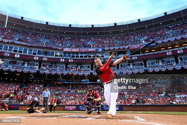 National League All-Star Todd Frazier of the Cincinnati Reds bats during the Gillette Home Run Derby presented by Head & Shoulders at the Great...