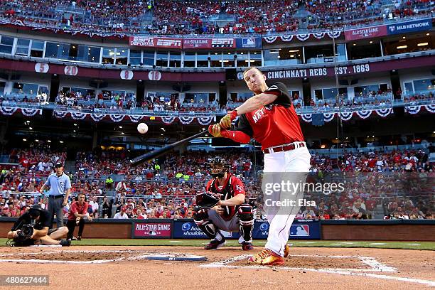 National League All-Star Todd Frazier of the Cincinnati Reds bats during the Gillette Home Run Derby presented by Head & Shoulders at the Great...