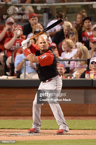 American League All-Star Albert Pujols of the Los Angeles Angels of Anaheim waits for a pitch during the Gillette Home Run Derby presented by Head &...