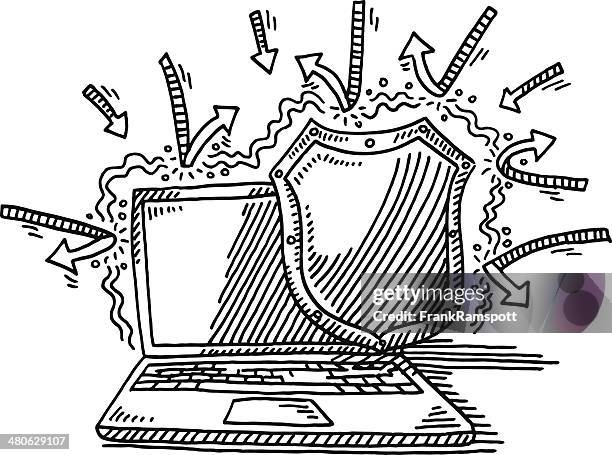 laptop protection shield hacker attack drawing - missing item stock illustrations