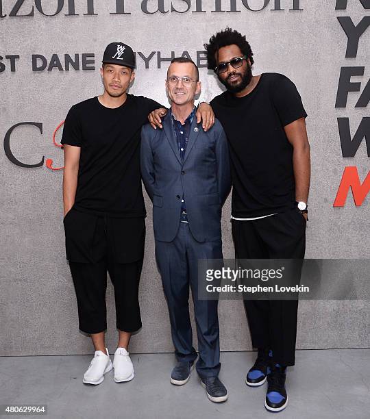 Dao-Yi Chow, Steven Kolb, and Maxwell Osborne attend New York Men's Fashion Week kick off party hosted by Amazon Fashion and CFDA at Amazon Imaging...