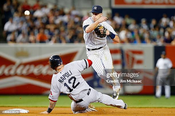 Jayson Nix of the New York Yankees in action against Mike Napoli of the Boston Red Sox at Yankee Stadium on June 1, 2013 in the Bronx borough of New...