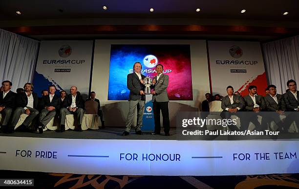 Team Europe Captain, Miguel Angel Jimenz of Spain and Team Asia Captain, Thonghcai Jaidee of Thailand pose with the trophy ahead of the EurAsia Cup...