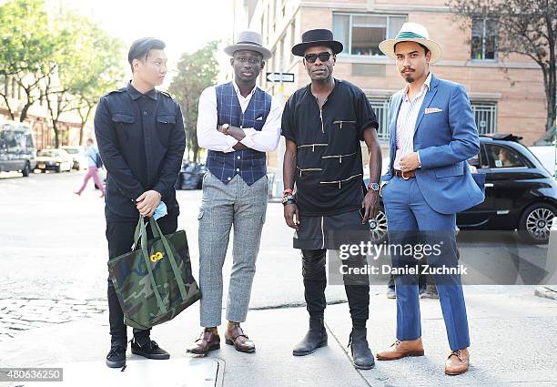 Paul Jin, Steven Onoja, Keino Benjamin and Denny Balmaceda are seen outside the Carlos Campos show during New York Fashion Week MenÕs S/S 2016 at...