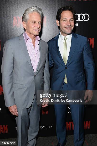 Actors Michael Douglas and Paul Rudd attend Marvel's screening of "Ant-Man" hosted by The Cinema Society and Audi at SVA Theater on July 13, 2015 in...
