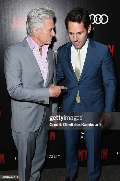 Actors Michael Douglas and Paul Rudd attend Marvel's screening of "Ant-Man" hosted by The Cinema Society and Audi at SVA Theater on July 13, 2015 in...