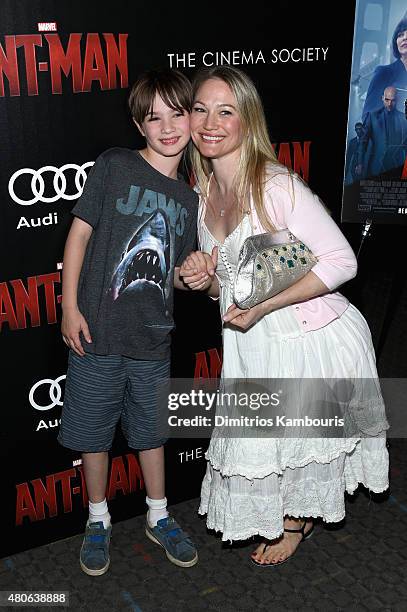 Sarah Wynter and Oscar Dallas Wynter Peres attend Marvel's screening of "Ant-Man" hosted by The Cinema Society and Audi at SVA Theater on July 13,...