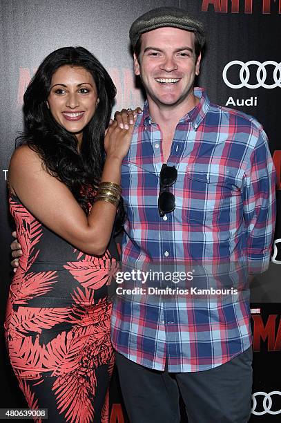 Actress Reshma Shetty and Sean Evans attend Marvel's screening of "Ant-Man" hosted by The Cinema Society and Audi at SVA Theater on July 13, 2015 in...