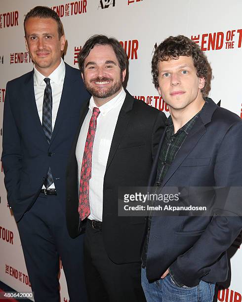 Actors Jason Segel and Jesse Eisenberg with director James Ponsoldt attend the premiere of A24's 'The End Of The Tour' at Writers Guild Theater on...