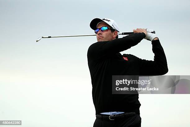 Adam Scott of Australia tees off during a practice round ahead of the 144th Open Championship at The Old Course on July 14, 2015 in St Andrews,...