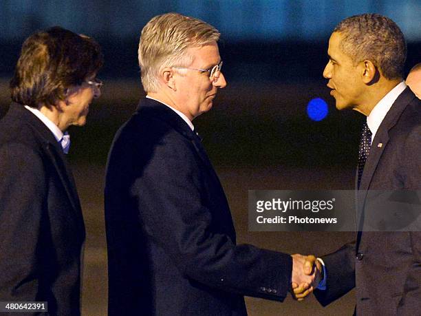 President Barack Obama is welcomed by King Philippe of Belgium and Belgian Prime Minister Elio Di Rupo at Zaventem Airport on March 25, 2014 in...