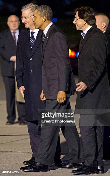 President Barack Obama is welcomed by King Philippe of Belgium and Belgian Prime Minister Elio Di Rupo at Zaventem Airport on March 25, 2014 in...