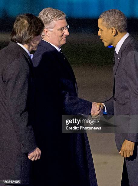 President Barack Obama is welcomed by King Philippe of Belgium and Belgian Prime Minister Elio Di Rupo at Zaventem Airport on March 25, 2014 in...