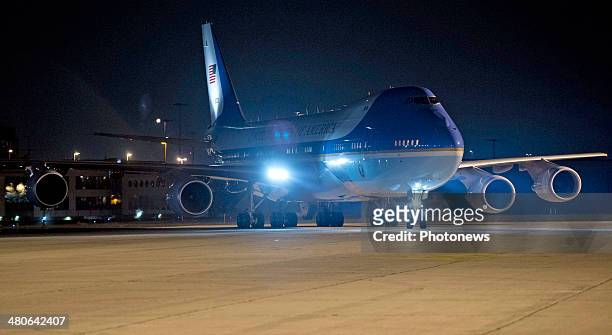 President Barack Obama iarrives on Air Force One at Zaventem Airport on March 25, 2014 in Brussels, Belgium. Obama is on a week-long trip during...
