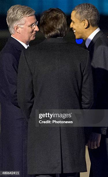 President Barack Obama is welcomed by King Philippe of Belgium and Belgian Prime Minister Elio Di Rupo at Zaventem Airport on March 25, 2014 in...