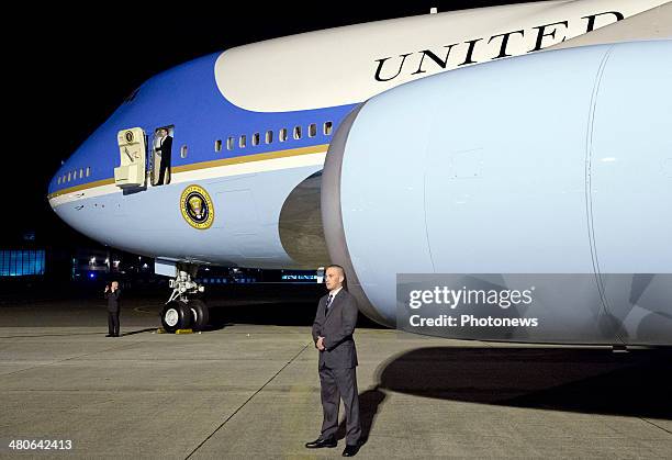 President Barack Obama iarrives on Air Force One at Zaventem Airport on March 25, 2014 in Brussels, Belgium. Obama is on a week-long trip during...