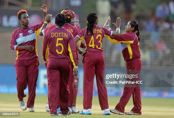 Anisa Mohammed of West Indies celebrates the wicket of Salma Khatun of Bangladesh during the ICC Women's World Twenty20 match between West Indies...