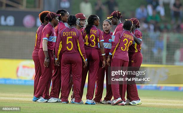 Anisa Mohammed of West Indies celebrates the wicket of Salma Khatun of Bangladesh during the ICC Women's World Twenty20 match between West Indies...