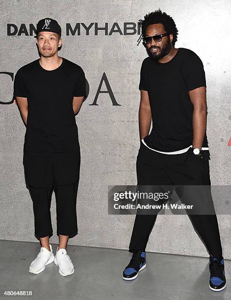 Dao-Yi Chow and Maxwell Osborne of Public School attend the opening event for New York Fashion Week: Men's S/S 2016 at Amazon Imaging Studio on July...