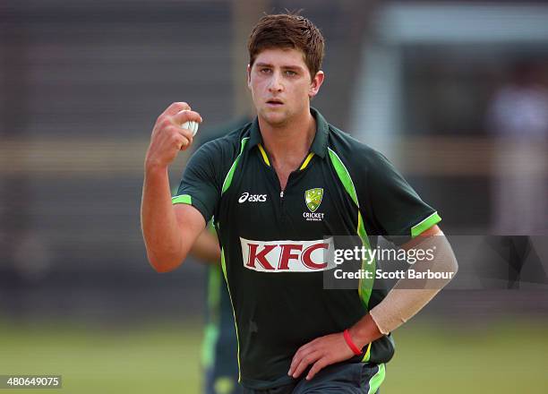 James Muirhead of Australia bowls during an Australian ICC World Twenty20 Bangladesh 2014 training session at Khan Saheb Osman Ali Stadium on March...