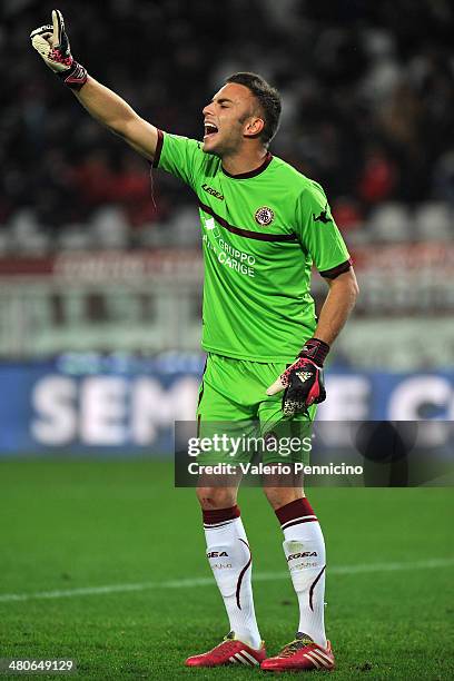 Francesco Bardi of AS Livorno Calcio reacts during the Serie A match between Torino FC and AS Livorno Calcio at Stadio Olimpico di Torino on March...