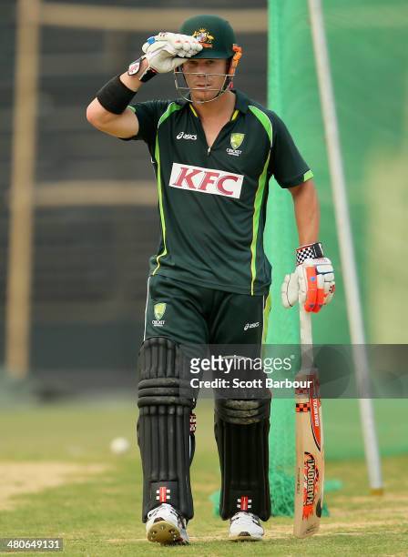David Warner of Australia looks on during an Australian ICC World Twenty20 Bangladesh 2014 training session at Khan Saheb Osman Ali Stadium on March...