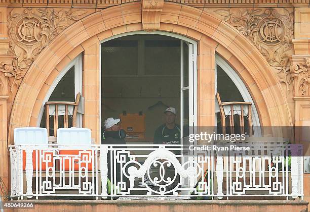 Brad Haddin of Australia speaks with Australian coach Darren Lehmann during a nets session ahead of the 2nd Investec Ashes Test match between England...