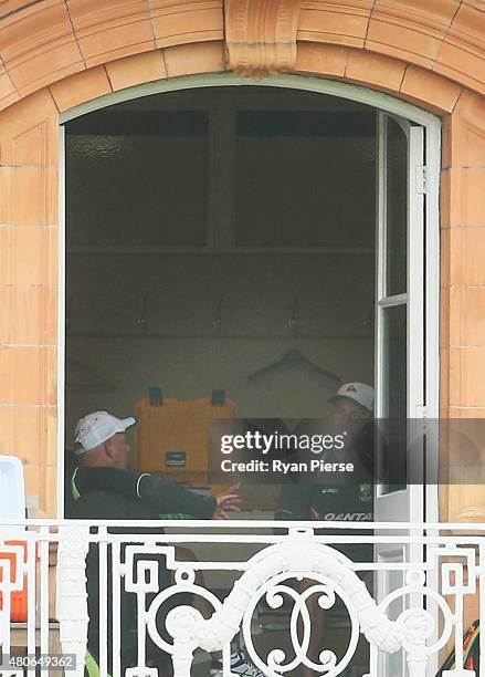 Brad Haddin of Australia speaks with Australian coach Darren Lehmann during a nets session ahead of the 2nd Investec Ashes Test match between England...