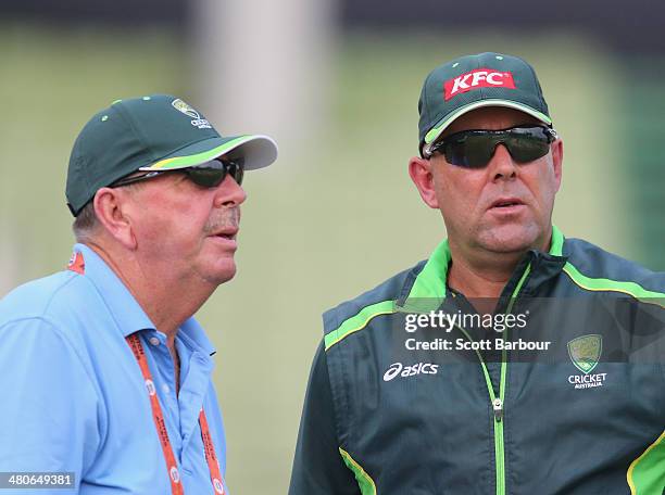 Coach Darren Lehmann of Australia and selector Rod Marsh look on during an Australian ICC World Twenty20 Bangladesh 2014 training session at Khan...