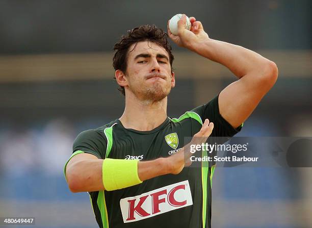 Mitchell Starc of Australia bowls during an Australian ICC World Twenty20 Bangladesh 2014 training session at Khan Saheb Osman Ali Stadium on March...