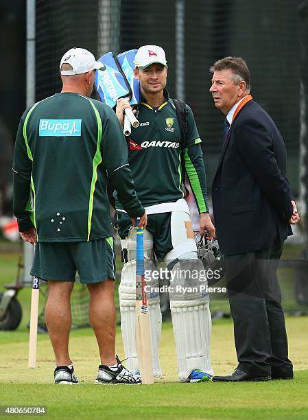 Michael Clarke of Australia speaks with Australian coach Darren Lehmann and Australian Chairman of Selectors Rod Marsh during a nets session ahead of...