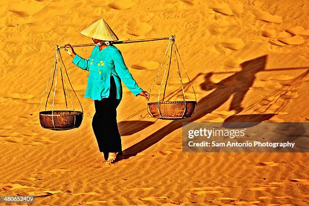 woman walking at red sand dunes in mui ne, vietnam - sam sand dunes stock pictures, royalty-free photos & images