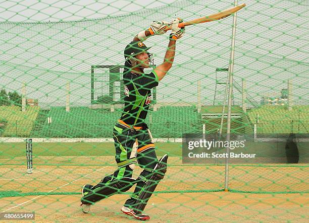 Glenn Maxwell of Australia bats during an Australian ICC World Twenty20 Bangladesh 2014 training session at Khan Saheb Osman Ali Stadium on March 26,...