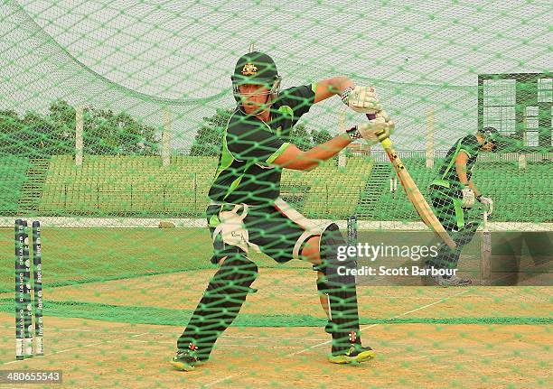 Cameron White of Australia bats during an Australian ICC World Twenty20 Bangladesh 2014 training session at Khan Saheb Osman Ali Stadium on March 26,...