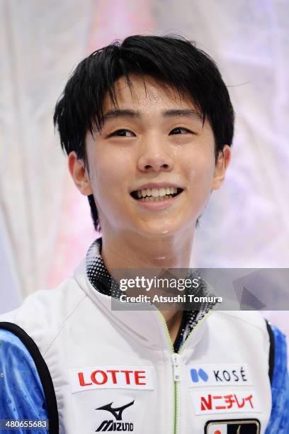Yuzuru Hanyu of Japan smiles after the Men's Short Program during ISU World Figure Skating Championships at Saitama Super Arena on March 26, 2014 in...