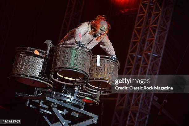 Percussionist Shawn Crahan of American heavy metal group Slipknot performing live on the Main Stage at Download Festival on June 14, 2013.